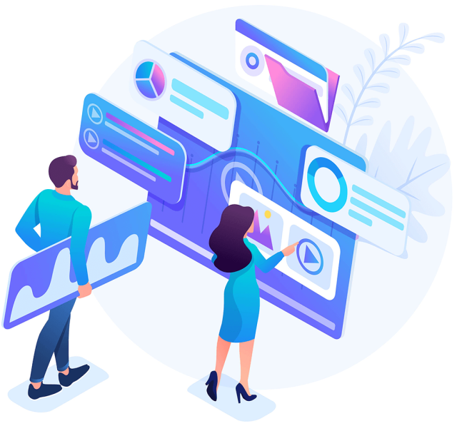 Illustration of a man and a woman next to a large screen with video players, charts and media panels